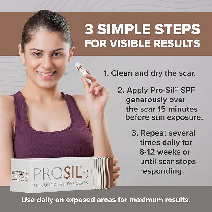 ProSil Silicone Scar Gel Stick with SPF 15 – Patented, Premium-Grade Scar Treatment in a Mess-Free, Compact, Glide-On Silicone Stick - Gentle Silicone Gel for Scars Suitable for Kids & Adults – 4.25g