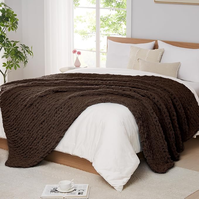 L'AGRATY Chunky Knit Throw Blanket for Couch, 60 x 80 Inches, Cocoa Brown | Handmade Chenille Crochet Blanket for Sofa Bed, Thick Cable Knitted Blankets for Room Home Decor, Birthday Gift for Women Mom