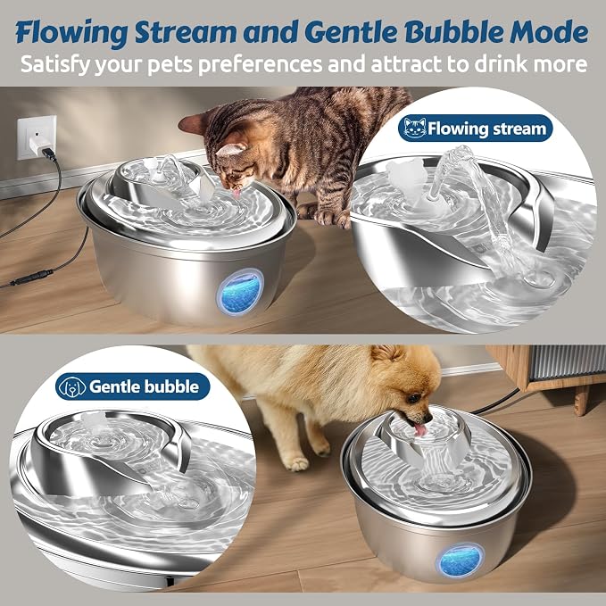 ORSDA Stainless Steel Cat Water Fountain, 100oz/3L Automatic Pet Drinking Fountain, Dog Water Dispenser Bowl with LED Window for Cats and Small & Medium Dogs- 8 Filters +4 Pump Sponges（ D66