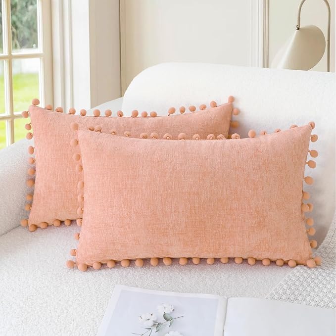 CaliTime Decorative Couch Throw Pillow Covers 20 X 12 Inches Dusty Pink | Pack of 2, Cozy Chenille Cushion Cases, with Pom Poms for Sofa Bed Living Room Farmhouse Home