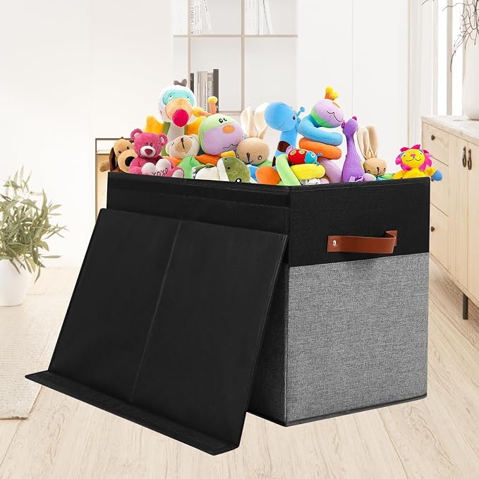 Large Toy Storage Box with Lid, Toy Chest Bin Boxes Basket with Dividers | Sturdy Toy Organizer Bin for Kids, Boys, Girls, Nursery, Living Room, Bedroom, Playroom 25"x13" x16"(Black and Grey)