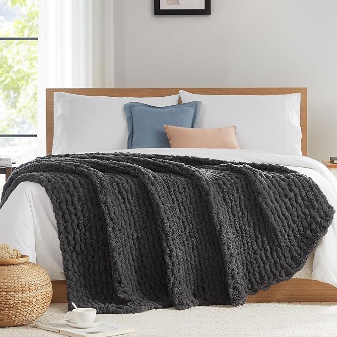 L'AGRATY Chunky Knit Throw Blanket for Couch, 60 x 80 Inches, Dark Grey | Handmade Chenille Crochet Blanket for Sofa Bed, Thick Cable Knitted Blankets for Room Home Decor, Birthday Gift for Women Mom