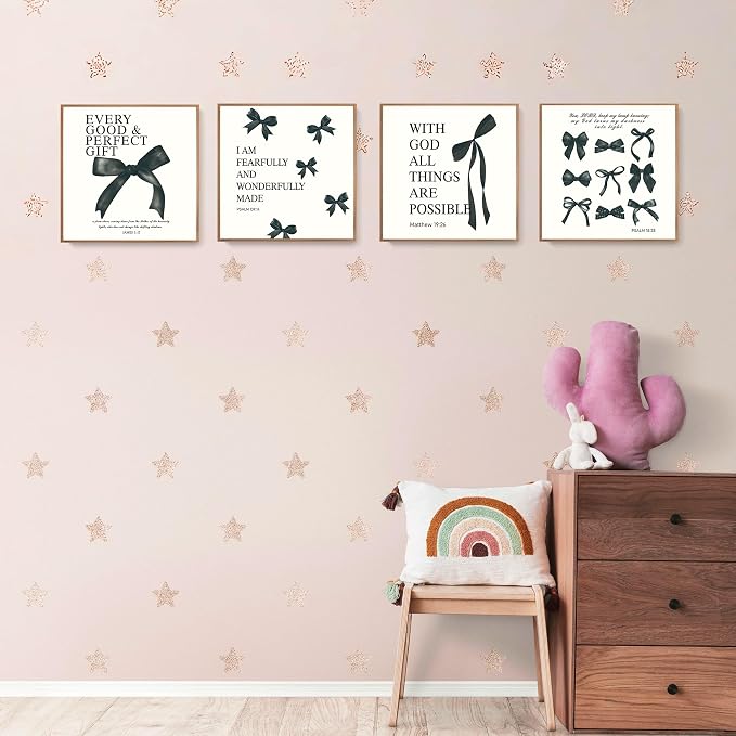 LARTSFRO Coquette Black Bow Bible Wall Art Decor Posters, Black Bow Room Bedroom Bathroom Dorm Wall Art Decor Aesthetic for Teen Girls Gifts, Inspirational Bible Verses Bow Wall Decor, 10x10 Inch Set of 4 Pcs Bow Pictures (UNFRAMED)