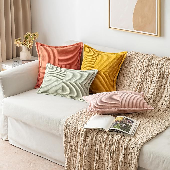 MIULEE Decorative Throw Pillow Covers for Couch 18x18 Inch Coral Red 2 Pack | Boho Broadside Striped Patchwork Pillow Covers, Soft Corduroy Cushion Cases, For Sofa Bed Livingroom Home Decor