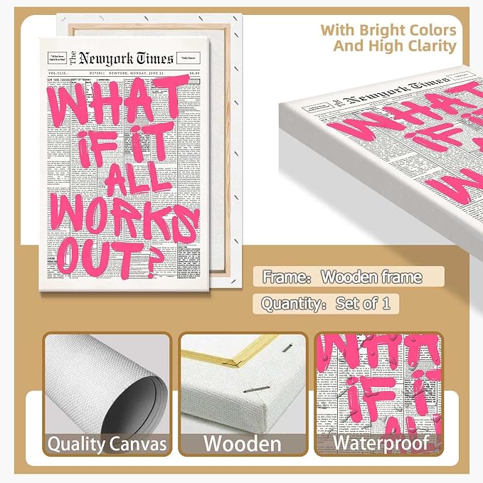 Drimiler Retro Newspaper Pink Font Poster What If It All Works Out Canvas Wall Art Positive Affirming Quote Minimalist Prints Painting For Home Bedroom Dorm Wall Decor 12x18in Wframed