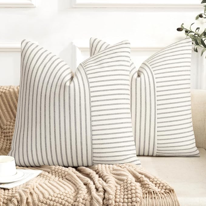 YCOLL Farmhouse Euro Sham Pillow Covers 24x24, Modern Throw Pillow Covers Set of 2, Gray and Beige Striped Patchwork Linen Decorative Pillows Cushion Covers for Bed Sofa Couch Living Room Home Decor