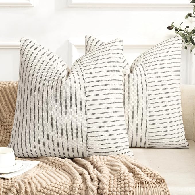 YCOLL Farmhouse Pillow Covers 20x20, Modern Accent Square Throw Pillow Covers Set of 2, Gray and Beige Striped Patchwork Linen Decorative Pillows Cushion Covers for Couch Chair Bedroom Home Decor