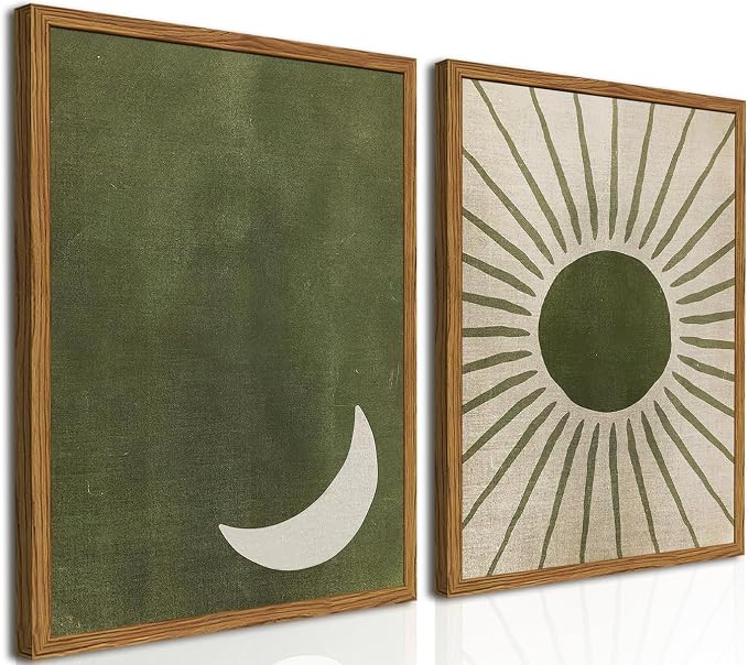 Framed Boho Sun and Moon Canvas Wall Art Set of 2, Vintage Sage Green Bohemian Pictures Wall Decor, Mid Century Modern Abstract Minimalist Paintings Prints for Living Room Bedroom Office 12x16 inch