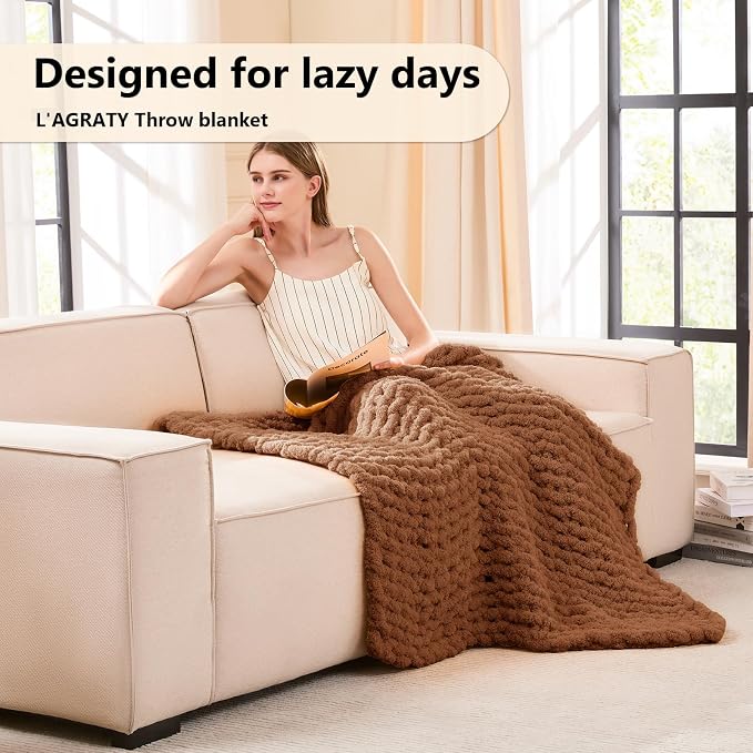 L'AGRATY Chunky Knit Throw Blanket for Couch, 40'' x 50'' Knit Throw, Brown | Handmade Chenille Crochet Blanket for Sofa Bed, Thick Cable Knitted Blankets for Room Home Decor, Birthday Gift for Women Mom