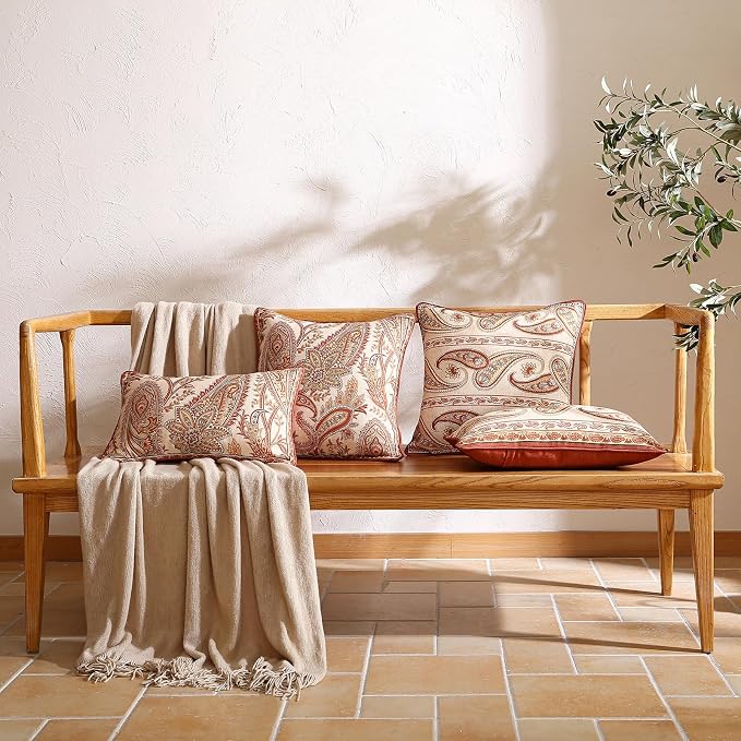 Vintage Linen Throw Pillow Cover,Set of 2,20"x12"-Chauffrey A | Designer Elegant Rectangle Pillow Cover,Concealed Zipper Design,Cashew Pattern,Sofa,Bedroom,Living Room,Lounge Chairs