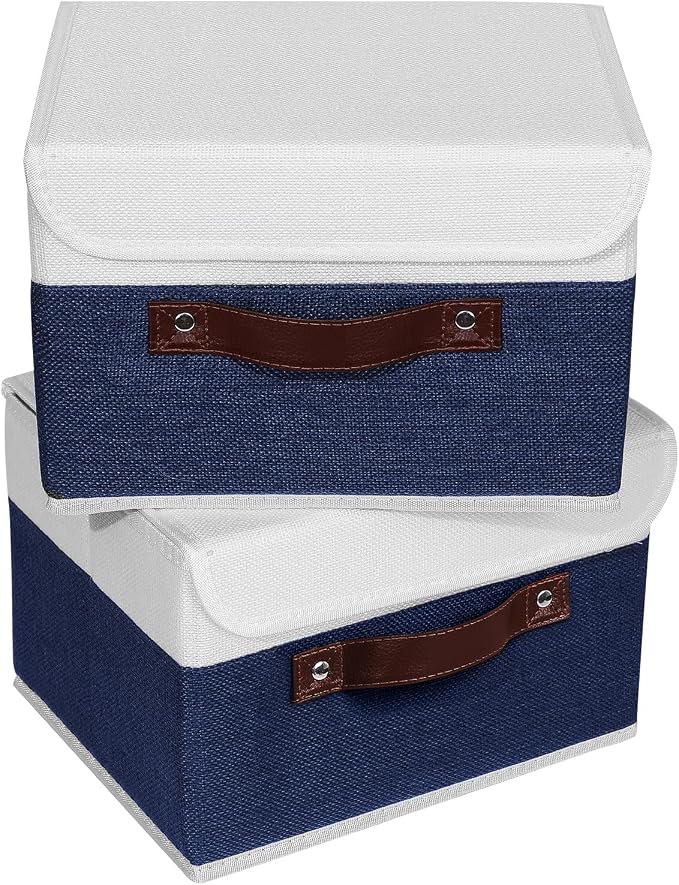 ANMINY Fabric Storage Box Bins with Lids, Blue White, 10"x8"x7", 2 Pack | Keepsake Memory Storage, Cotton Linen, PP Board Reinforced, Washable, PU Handles, Foldable & Stackable, Decorative, Small