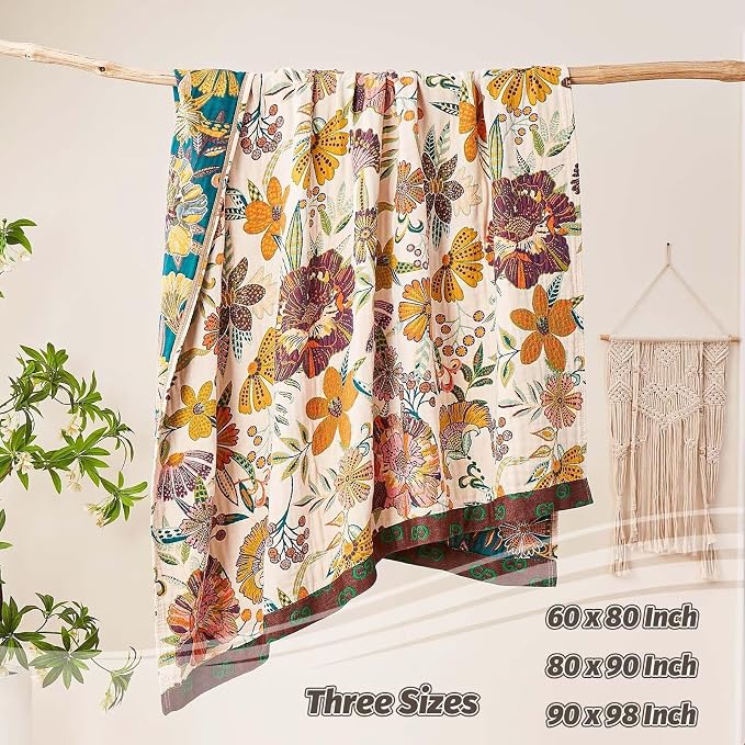 XIBLC Boho Throw Blanket, 100% Cotton Ultra Soft Luxury Throw Rustic Quilt, 60"x80" Floral Printed Farmhouse Decor Bed Summer Blankets, All Season Rustic Reversible Bohemian Throw for Bed - White