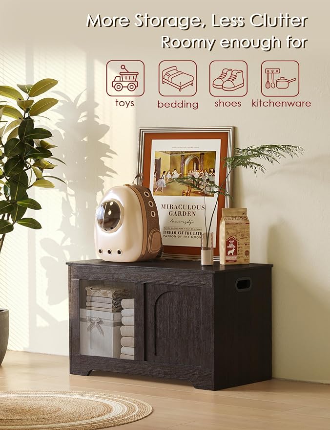 Storage Chest, Wooden Toy Box, Espresso 31.5" L | Entryway Shoe Bench, 2 Soft-close Hinges, Finger-safe Flip-Top Lid, Easy Assembly, Farmhouse Large Trunk, Living Room/Bedroom