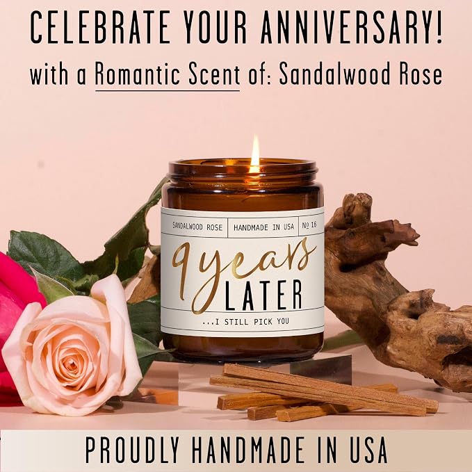 9 Year Gift for Anniversary for Her - '9 Years Later' Soy Candle, w/Sandalwood Rose - Infused w/Essential Oils I 9th Anniversary Wedding Gift for Wife I 50Hr Burn I USA Made