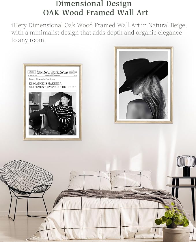 iHery 12x16in Audrey Hepburn On the Phone Framed Newspaper Wall Art | Natural OAK Wood Frame with Canvas Print, Vintage Elegance Decor for Bedroom, Living Room, Office and Gallery Wall, 1Pack