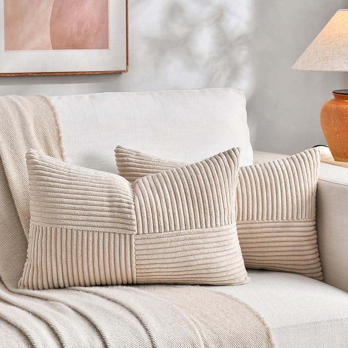 Fancy Homi Tan Lumbar Decorative Throw Pillow Covers 16x28 Inch for Living Room Couch Bed Sofa, Boho Home Decor, Soft Striped Corduroy Rectangle Accent Beige Cushion Case 40x70 cm