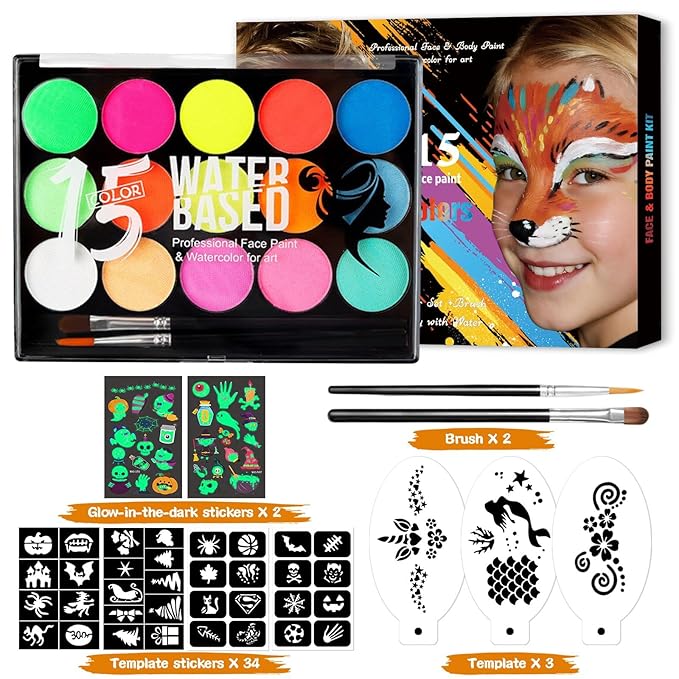 Face Paint Kit, 15 Color Face Painting Palette, with 2 Brushes 34 Stencils, 3 Reusable Stencils, 2 Stickers, Washable Face Paints for Kids Adults Halloween Party Carnival