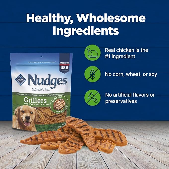 Blue Buffalo Nudges Grillers Chicken Dog Treats, 10 oz | Real Chicken First, Oven-Dried, Easy to Tear, For All Breed Sizes, No Corn, Wheat, or Soy