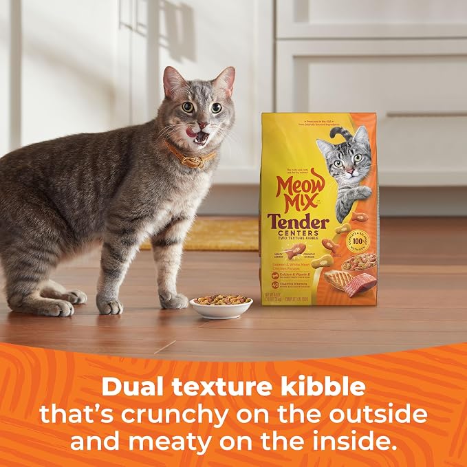 Meow Mix Tender Centers Salmon & White Meat Chicken Flavors Cat Food,3 Pound,Crunchy Outside Meaty Inside,(Pack of 8)