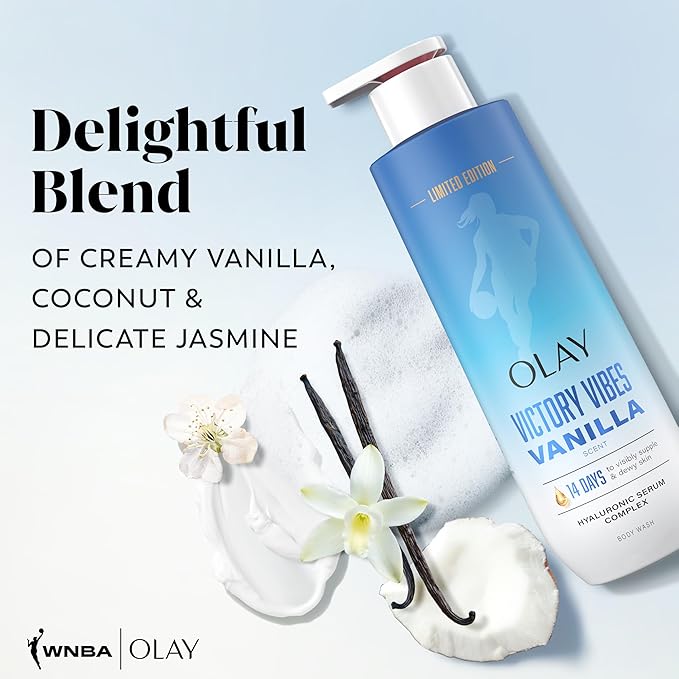 Olay Body Wash for Women, WNBA, Intensely Hydrating, Hyaluronic Acid Serum, Hydration On/Off Court, Improves Moisture Barrier, Vitamin B3 Complex, All Skin Types, Victory Vibes Vanilla Scent, 20 fl oz