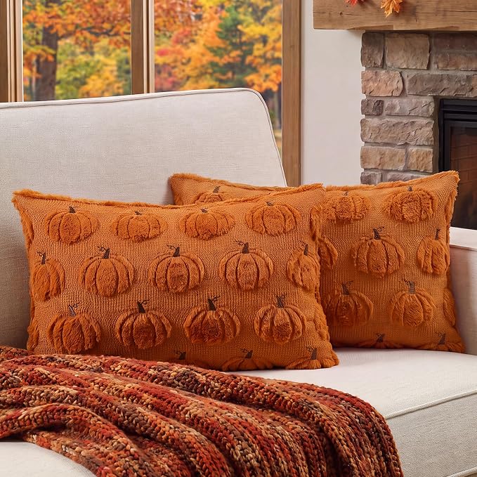 Fall Throw Pillow Covers 12x20 Set of 2 Rust Pumpkin Lumbar Covers | Double sided plush comfort with raised pumpkin embroidery, designed for living beds, armchairs, and cozy fall home decor.