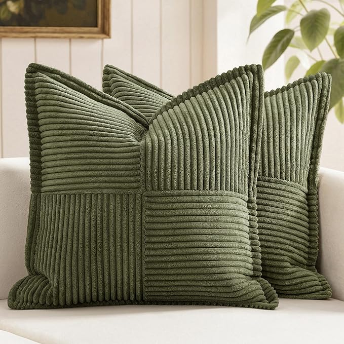 MIULEE Decorative Throw Pillow Covers for Couch 18x18 Inch Olive Green | 2 Pack, Boho Broadside Striped Patchwork Pillow Covers, Soft Corduroy Cushion Cases, For Sofa Bed Livingroom Home Decor