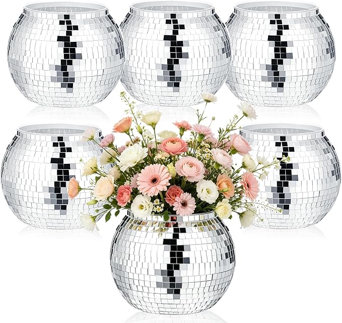 6 Pcs Disco Ball Vases,Plastic Disco Ball Centerpieces 6" X 6.7" Disco Ball Decor Silver Mirror Disco Ball Planter Can Be Used for Wedding Centerpieces,Birthday,Office