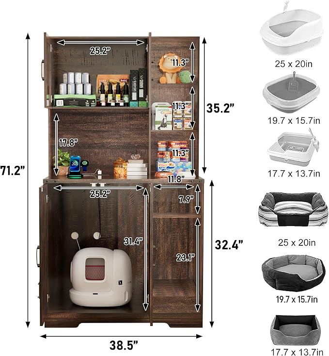 71Inches Tall Cat Litter Box Enclosure for Cats W/Power Outlets,Open Shelves.Wooden Pet Washroom Furniture W/Locks,Cabinet.Indoor Cats House,Hidden Cat Litter Box for Living Room,Bedroom(Brown-3)
