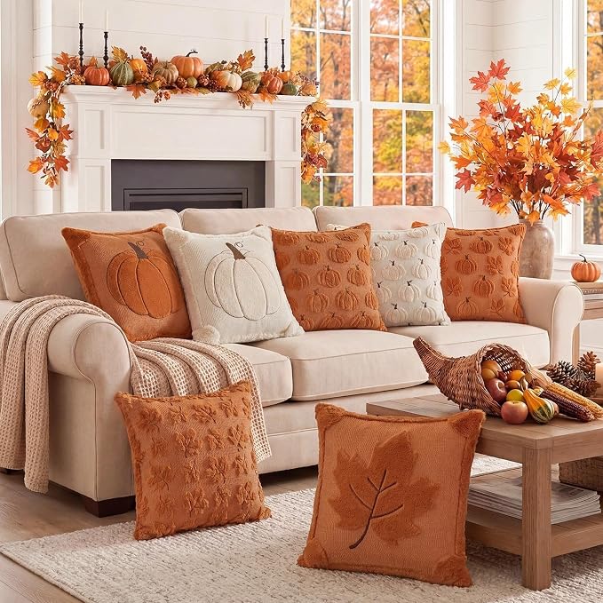 Fall Beige Pillow Covers 20x20 Set of 2 Double-Sided Pumpkin Decor | Beige plush comfort with raised pumpkin embroidery, designed for living rooms, bedrooms, and cozy fall home decorations.