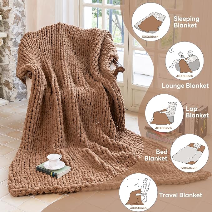 Chunky Knit Blanket - Luxury Soft Cozy 50 * 60 Throw Blanket,100% Woven Blanket Rope Knot Throw Blanket for Couch, Sofa, Home Decor, Gift - Machine Washable (Brown, 50 * 60)