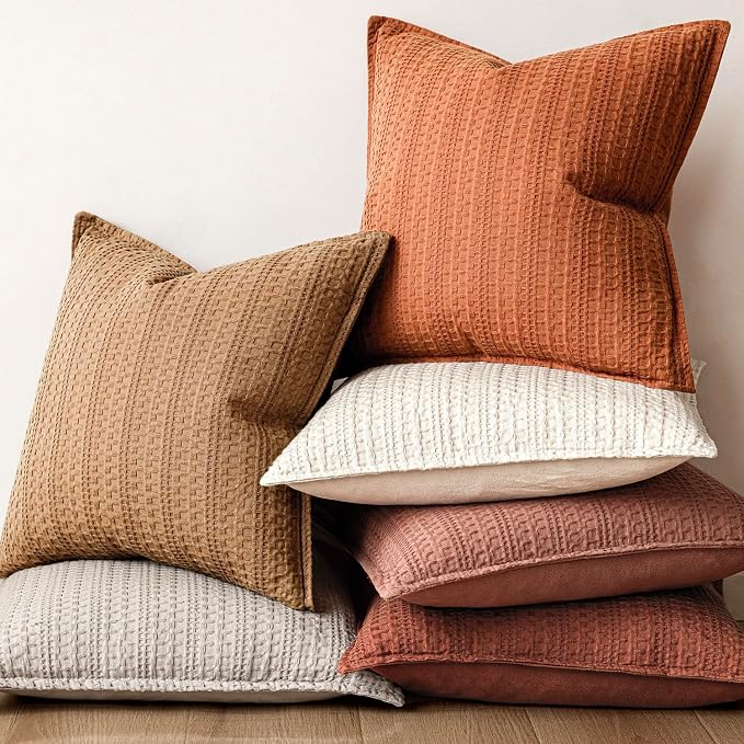 Foindtower Set of 2 Decorative Cotton Waffle Weave Throw Pillow Covers Euro Shams Cushion Covers Accent European Pillowcase for Bed Couch Sofa Bedroom Living Room Home Decor 26×26 Inch Burnt Orange