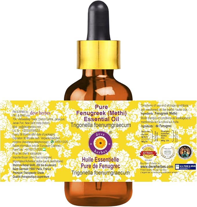Deve Herbes Pure Fenugreek (Methi) Essential Oil (Trigonella foenumgraecum) with Glass Dropper Steam Distilled 10ml (0.33 oz)