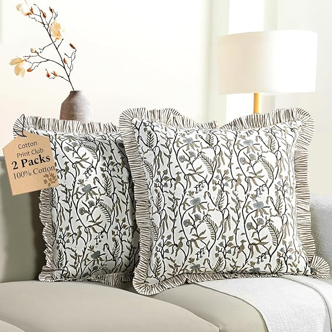 CPC Cocoa Vine Hand Block Print 100% Cotton Ruffle Throw Pillow Cover 18x18 inch with Hidden Zipper Decorative for Couch, Bed, Sofa, Farmhouse, Cottagecore Decor Gift Christmas Fall Thanksgiving