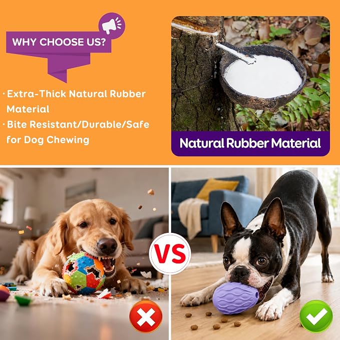 Interactive Treat Dispensing Dog Toy, Natural Rubber Chew Toy for Aggressive Chewers, Stuffable Treat Toy for Large & Medium Dogs, Mental Stimulation for Dogs, Boredom Relief, Purple