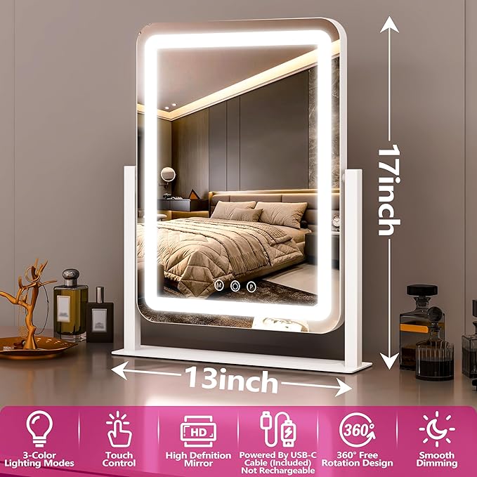 STAISE Hollywood Vanity Mirror with Lights, 17" L x 13" W LED Lighted Makeup Mirror, Dimmable & Three Color Lighting Modes, 10X Magnification Mirror, CRI>95% HD, 20W High Brightness (96 LED)