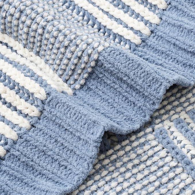 Knit Throw Blanket, Soft Chenille Cozy Breathable Dual Tone Checkered Chunky Decorative Blanket for Couch, Bed & Sofa, French Lightweight Warm Gift for Women, Washed Blue, 60"x80"