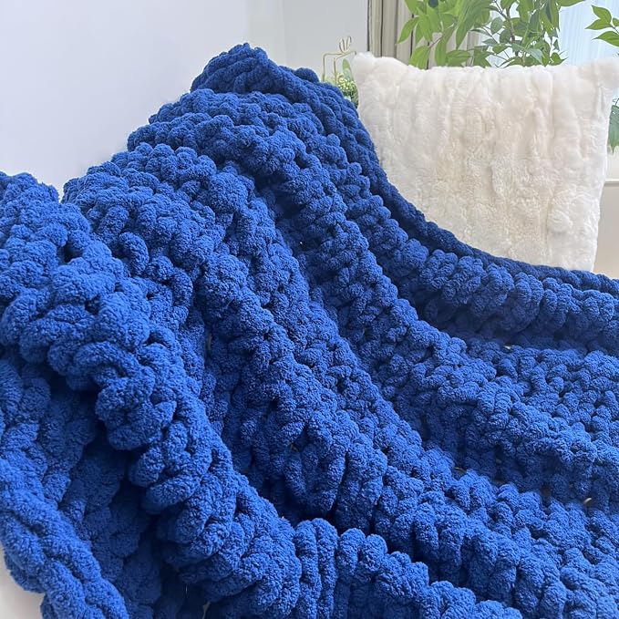 Soft Chunky Knit Throw Blanket for Couch, Cozy Warm Knitted Blankets | Hand Knit with Jumbo Chenille, Lightweight Warm Fluffy Decor for Women, Mom, Her & Girls, Sofa, Chair, Bed,40"×60"(Navy Blue)