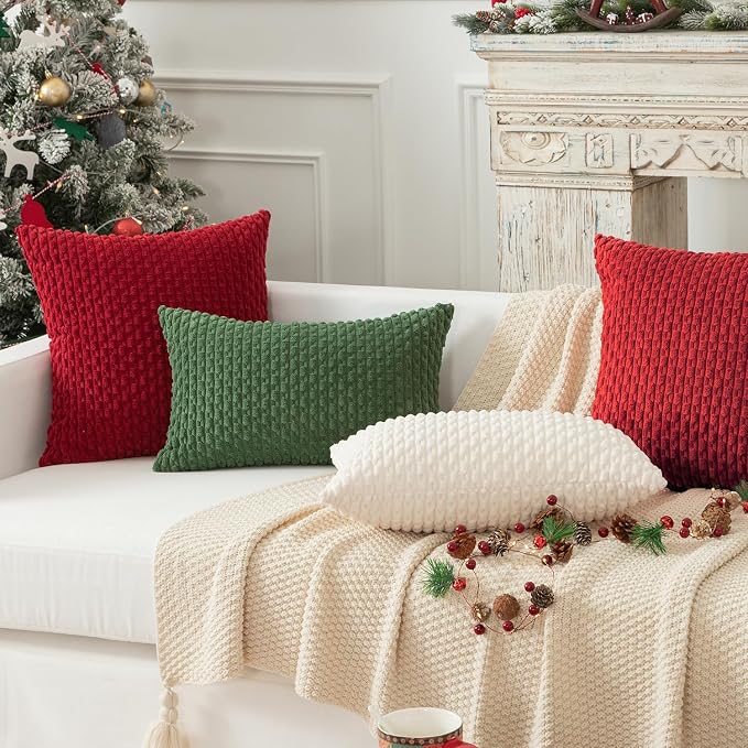 Kevin Textile Soft Corduroy 12"x20" Lumbar Pillow Cover 1 Pack, Red | Boho Stripe Plush Corduroy Decorative Oblong Cushion Cover Modern Farmhouse Home Decor for Sofa Couch Bed Chair