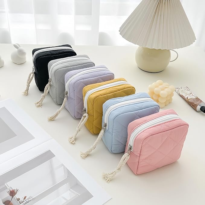Small Makeup Bag | Discreet Period Bag Pad Pouch for Purse| Sanitary Napkin Storage & Tampon Holder for Travel (Quilted light blue)