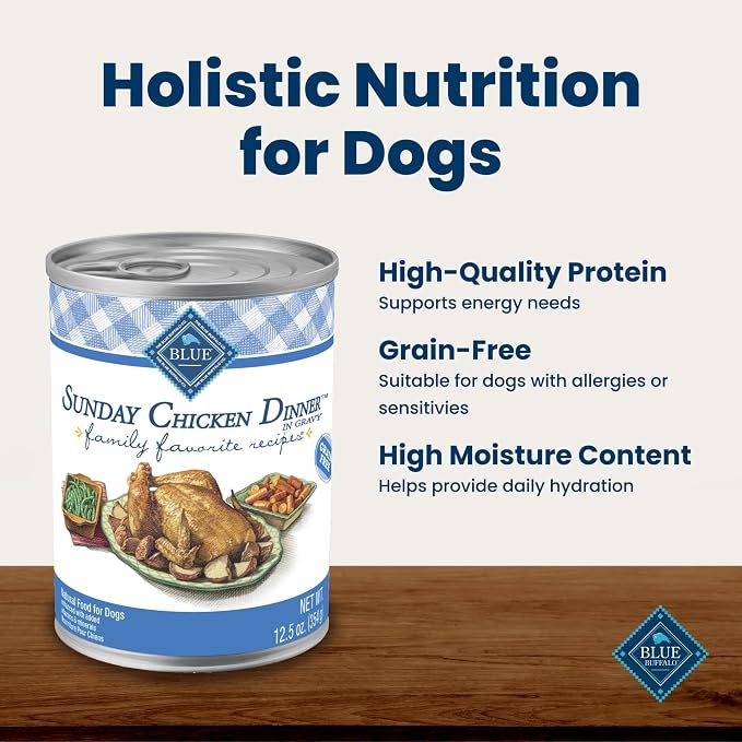 Blue Buffalo Family Favorites Chicken Adult Wet Dog Food, 12.5 oz, 12 ct | Sunday Chicken Dinner Recipe, Real Chicken First, in Gravy, Feed as Treat, Topper, or Meal
