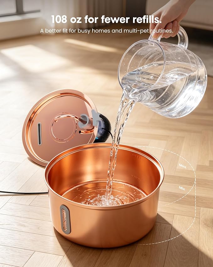 Tomxcute Stainless Steel Cat Water Fountain with Copper Plated,108oz | For Cats and Dogs,Visible Window,Copper-plated 304,Ultra Quiet Pump,Soft LED Night Light