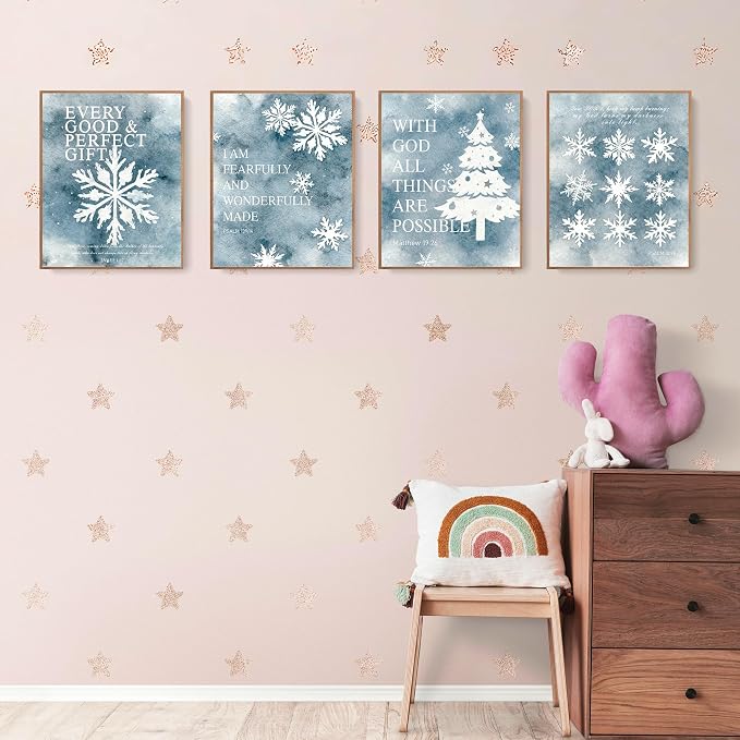 LARTSFRO Christmas Winter Gifts Wall Art Decor Posters, Christmas Snowflakes Christian Room Bathroom Bedroom Dorm Wall Art Decor Aesthetic for College Teen Girls Gifts, Inspirational Bible Verses Winter Wall Decor, 10x8 Inch Set of 4 Pcs Christmas Pict...