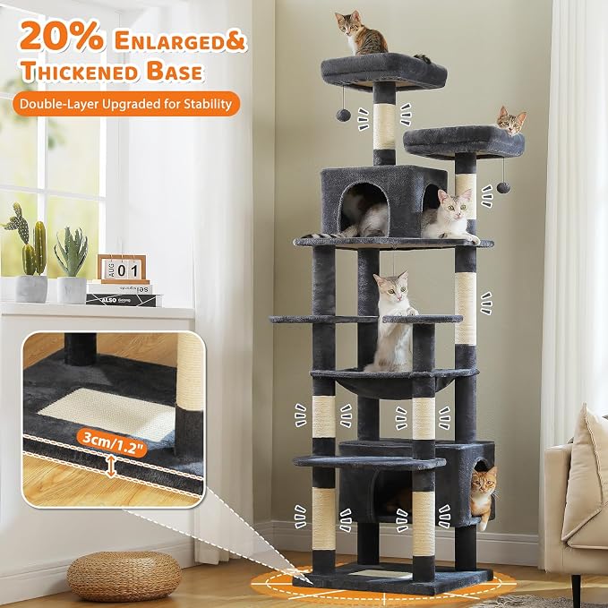 PAWZ Road XXL 81" Cat Tree Large Cats with Big Condos,Perches Sisal Posts | 20"x16" hammock for adult cats, tall cat tower with 7 scratching posts, dual perch and large condo for big maine cats