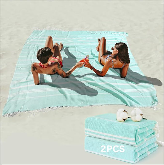 Antfuny 2 Packs Turkish Beach Towel Jumbo Extra Large XL XXL Big Oversized Giant Huge Thin Outdoor Picnic Accessories Airplane Travel Essentials Camping Gears Must Haves Yard Yoga Mat Aqua