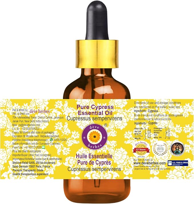 Deve Herbes Pure Cypress Essential Oil (Cupressus sempervirens) with Glass Dropper Steam Distilled 50ml (1.69 oz)