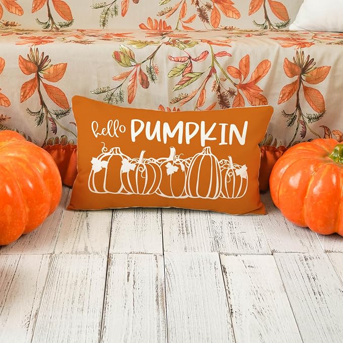 ONWAY Fall Pillow Cover 12x20 Hello Pumpkin Decorative | Throw Cushion Case for Couch Sofa Farmhouse Decor Autumn Thanksgiving Pillowcase for Home Decorations