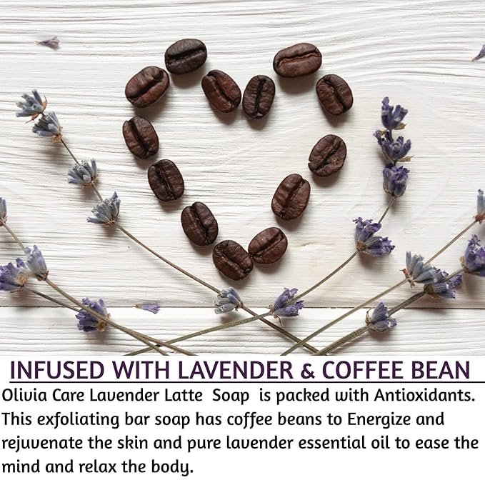 Olivia Care Exfoliating Bar Soap, Coffee Beans, 100% Natural, Organic Ingredients, Clean Energize Mind Body, Full of Vitamin & Antioxidants (Lavender Latte)