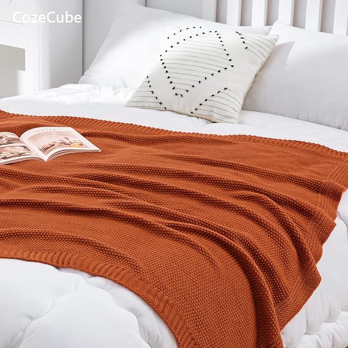 CozeCube Burnt Orange Seed Stitch Throw Blanket 60"x80", Farmhouse Decor | Blanket for Couch, Soft Cozy Cable Knit Throw for Bed Sofa Living Room, Lightweight Warm Decorative Christmas Blanket