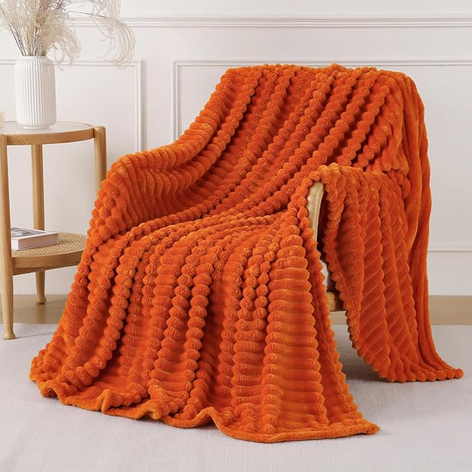 Orange Throw Blanket for Couch Sofa 60x80 inches Striped Design | Fleece Blankets Room Home Decor Lightweight Plush Soft Cozy Gifts for Women Mom