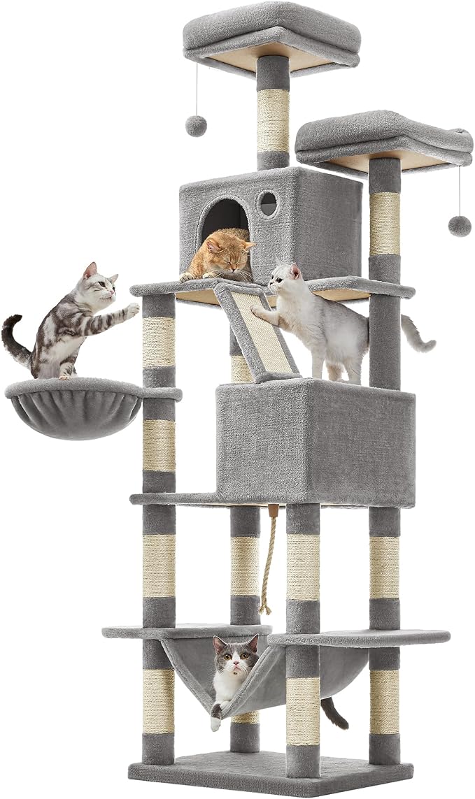 Feandrea Cat Tree, 81.1-Inch Large Cat Tower, Multi-Level Plush Condo with 13 Scratching Posts, 2 Perches, 2 Caves, Basket, Hammock, Pompoms, Light Gray UPCT190W01